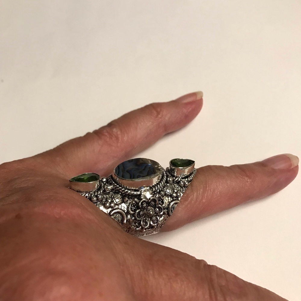 Abalone Peridot Stamped 925 Sterling Silver Ring - Picture 5 of 6
